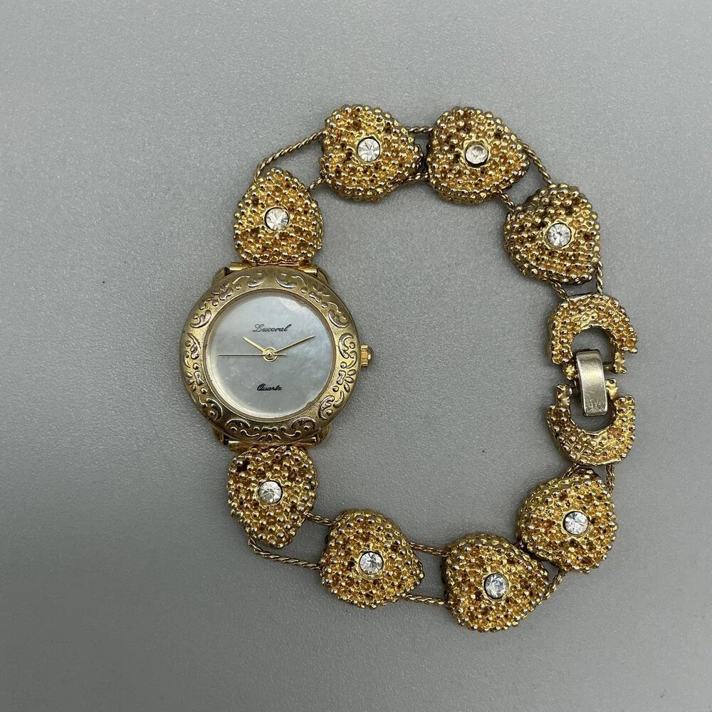 Vintage Lucoral Womens Watch 26mm White Dial Gold Tone Crystals Bracelet 7.75